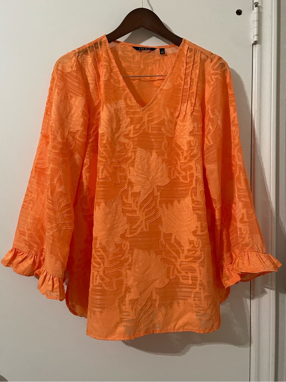 IMAN Global Chic Orange Tropical Burnout Jacquard V-Neck Blouse - Small